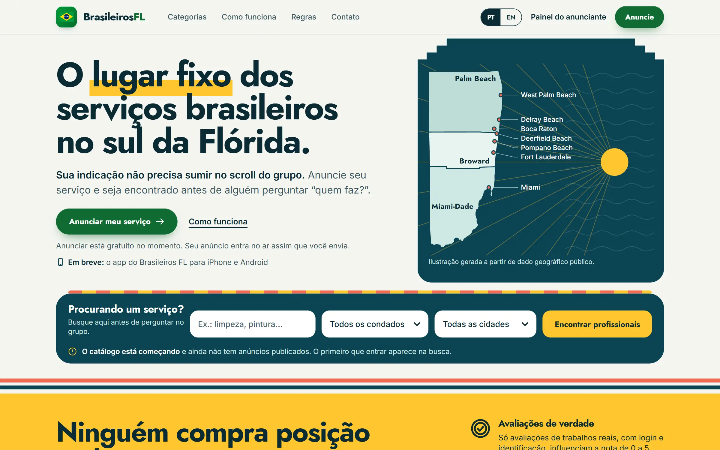 Página inicial do Brasileiros FL, com busca de serviços por condado e cidade