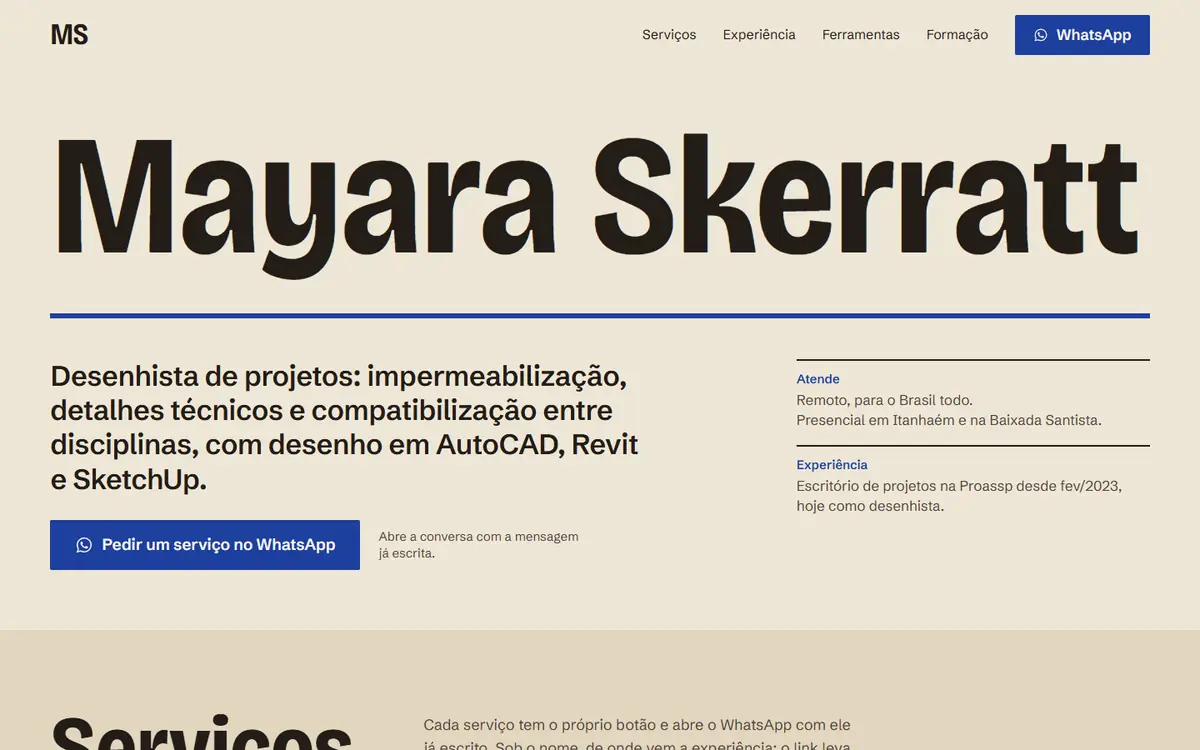 Página inicial do site de Mayara Skerratt