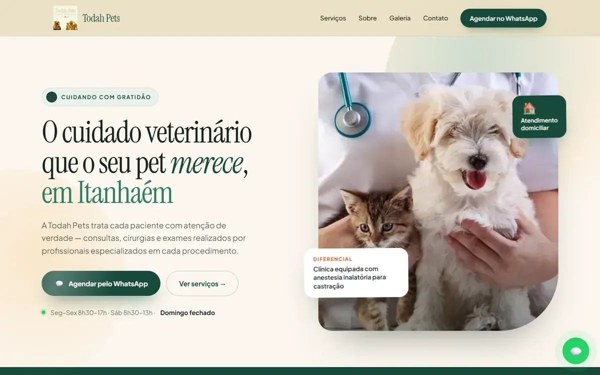 Página inicial do site da Clínica Todah Pets