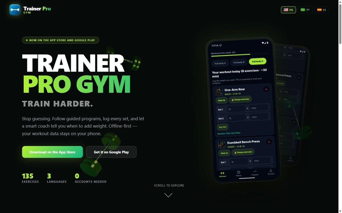 Página inicial do site do Trainer Pro Gym