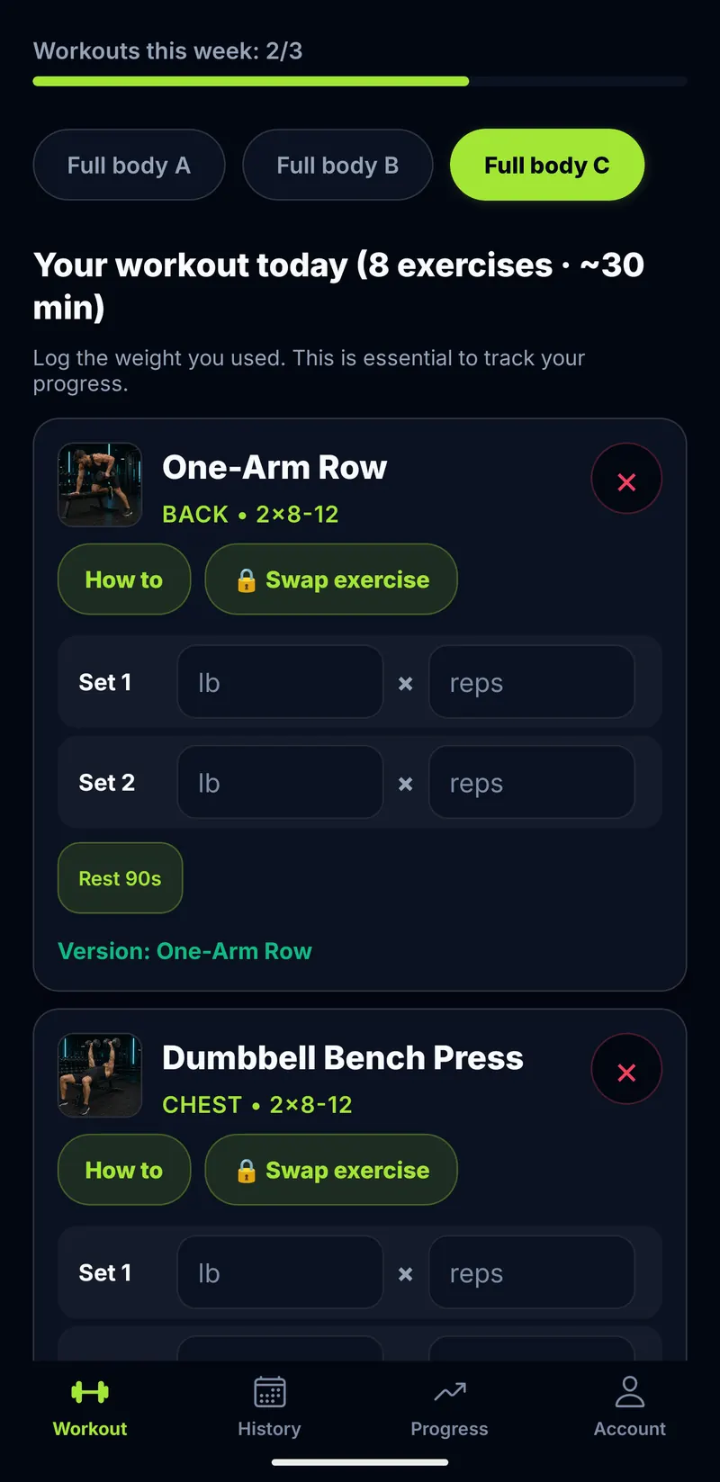 Trainer Pro Gym screens: workout dashboard, history and progress