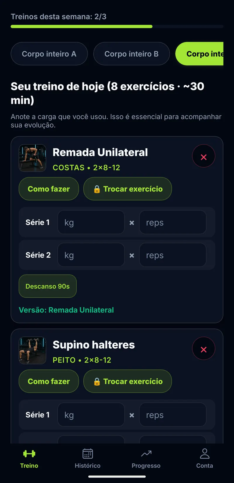Telas do Trainer Pro Gym: painel de treino, histórico e progresso
